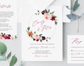 Burgundy Wedding Invitation Template, Printable Wedding Invitation Suite, Burgundy Floral Wedding Invitation Set, Templett, W45
