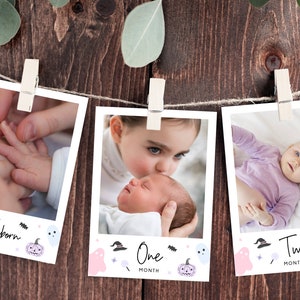 Halloween Birthday First Year Photos Banner Template, Printable First Birthday Monthly Photo Banner, 12 Months Photos, Templett, B24