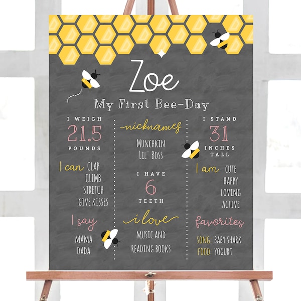 Printable Bee Day First Birthhday Chalkboard Sign Template, Bee Day 1st Birthday Milestone Chalkboard Poster, Editable Sign, Templett