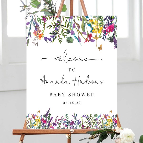 Spring Wild Flowers Baby Shower Welcome Sign Template, Printable Vibrant Floral Baby Shower Welcome Sign, Colorful Flowers, Templett, B16