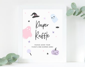 Pastel Halloween Baby Shower Diaper Raffle Sign, Printable Halloween Baby Shower Raffles, Halloween Themed Party Ideas, Templett, B24