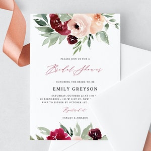 Burgundy Bridal Shower Invitation Template, Printable Bridal Shower Invite, Burgundy and Blush Floral Bridal Shower Invites, Templett, W45