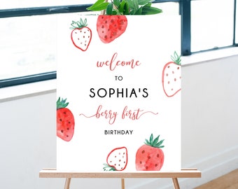 Berry First Birthday Welcome Sign Template, Printable Strawberry Themed Party Welcome Sign, Berry Birthday Signs, Editable, Templett, B49