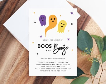 Plantilla de invitación a fiesta de Halloween de Boos and Booze, invitación a fiesta de disfraces de Halloween imprimible, descarga instantánea, Templett