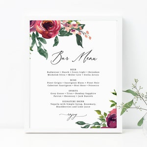 Panneau de menu de bar, panneau de bar de mariage, menu de bar de mariage imprimable, panneau de carte de boissons, panneau de boissons de mariage bourgogne, téléchargement immédiat, Templett, W33