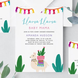 Llama Baby Shower Invitation Template, Printable Llama Llama Baby Mama Invitations, Baby Shower Fiesta Invite, Templett, B31