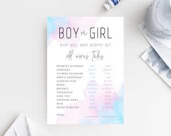 Old Wives Tales Template, Printable Gender Reveal Old Wives Tales Chart, Watercolor Boy or Girl Gender Reveal Game, Templett, B01