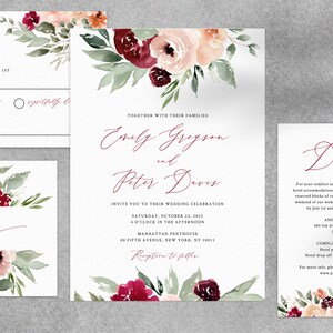 Plantilla de invitación de boda de Borgoña, suite de invitación de boda imprimible, conjunto de invitación de boda floral de Borgoña, Templett, W45 imagen 6