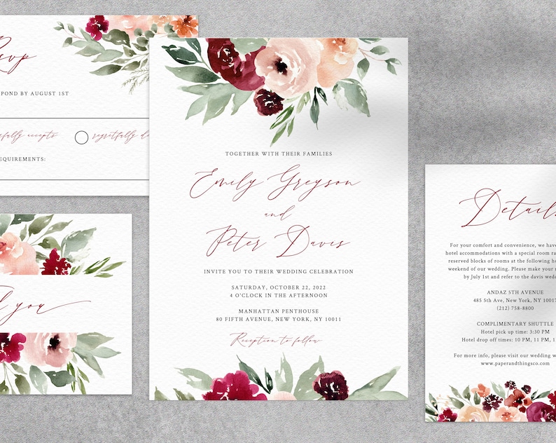 Plantilla de invitación de boda de Borgoña, suite de invitación de boda imprimible, conjunto de invitación de boda floral de Borgoña, Templett, W45 imagen 6