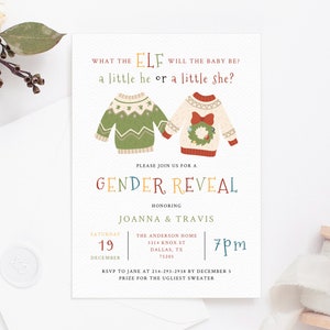Weihnachten Gender Reveal Einladung Vorlage, hässliche Pullover Gender Reveal Printable, Er oder Sie, Instant Download Gender Reveal, Templett
