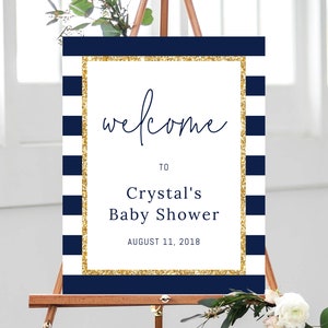 Welcome Sign Template, Navy and Gold Welcome Sign, Baby Shower Printable, Baby Shower Sign, Navy Stripes Welcome Sign, Templett, B03