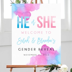 Gender Reveal Welcome Sign Template, Printable Gender Reveal Sign, Watercolor He or She Welcome Sign, Templett, B14