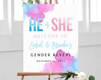 Gender Reveal Welcome Sign Template, Printable Gender Reveal Sign, Watercolor He or She Welcome Sign, Templett, B14