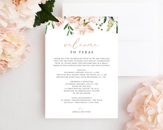 Welcome Letter Template Wedding Itinerary Card Blush Welcome Etsy