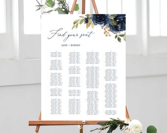 Navy & Gold Alphabetical Wedding Seating Chart Template, Seating Chart Printable, Table Chart, Seating Board, Wedding Sign, Templett, W27