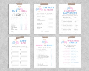 Puede incluir: Un conjunto de juegos de baby shower imprimibles con temática de boxeo. Los juegos incluyen "Cuentos de viejas", "El precio es correcto", "Nombres de bebés famosos", "Bebé ABC", "Mamá o papá", y "¿Preferiría ella?".