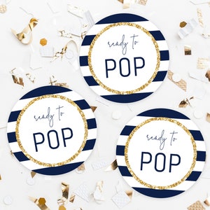 Ready To Pop Labels Template, Ready To Pop Tags, Baby Shower Labels, Ready To Pop Printable, Navy and Gold, Navy Stripes, Templett, B03