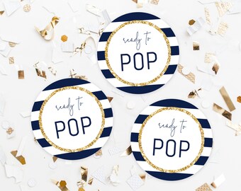 Ready To Pop Labels Template, Ready To Pop Tags, Baby Shower Labels, Ready To Pop Printable, Navy and Gold, Navy Stripes, Templett, B03