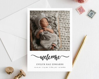 May include: A newborn baby announcement card with a photo of a baby sleeping in a knitted blanket. The card says "welcome" in cursive and includes the baby's name, Evelyn Rae Edwards, and birth date and time: 10.26.20 - 7:13 am - 8 lbs 3 oz - 19 inches.