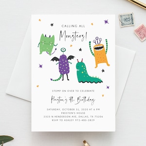 Monster Mash Invitation Template, Printable Halloween Birthday Invite, Kids Little Monster Birthday Party, Instant Download, Templett, B25