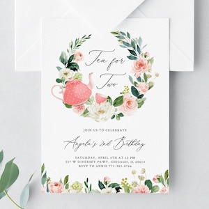 Tea For Two Birthday Invitation Template, Printable Tea Party Invitation, Gold and Pink Tea Party Birthday Invitation, Editable, Templett