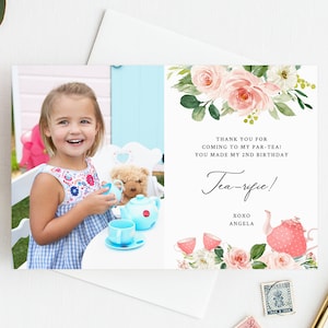 Modelo de cartão de agradecimento para festa de chá, cartão com foto de agradecimento para chá para dois aniversários, cartão de aniversário Partea, download instantâneo, Templett