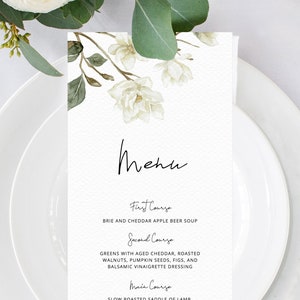 Magnolia Wedding Menu Template, Printable White Floral Menu, Editable Wedding Menu, DIY Wedding Menu, Instant Download, Templett, W35
