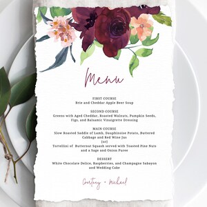 Modèle de menu de mariage, menu floral imprimable, menu de mariage modifiable, menu de mariage bourgogne, menu de mariage bricolage, Templett, téléchargement immédiat, W32