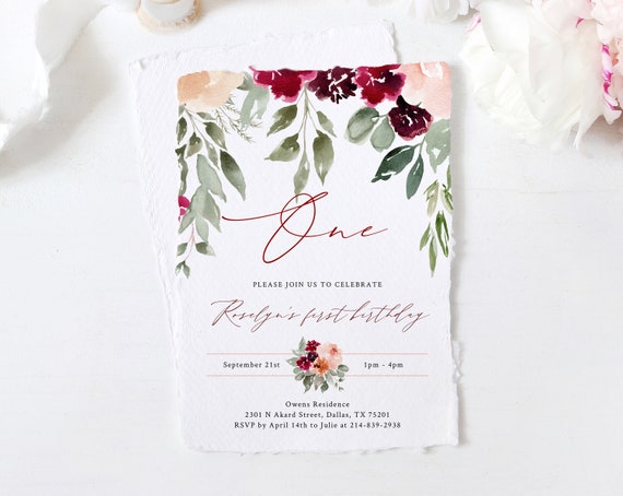 Burgundy and Blush Floral First Birthday Party Invitation Template, Printable Fall 1st Birthday Invitation For Girls, One, Templett, B45