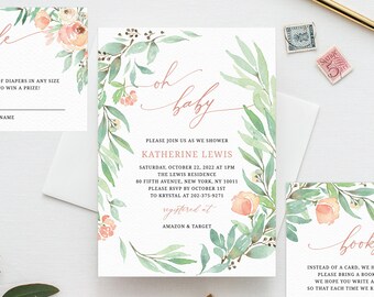 Könnte beinhalten: Eine Babyparty-Einladung mit einem Aquarell-Blumendesign in Grün- und Rosatönen. Die Einladung zeigt den Text "Oh baby" in einer kursiv geschriebenen Schrift und enthält Details zur Party, einschließlich Datum, Uhrzeit, Ort und Registrierungsinformationen.