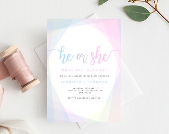 INSTANT DOWNLOAD Gender Reveal Party Invitation, Printable Gender Reveal, Boy or Girl Reveal Party Invite, He or She, Templett