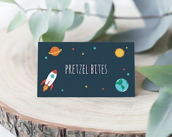 Tarjetas de lugar de cumpleaños espacial, letrero de comida, letrero de favor de fiesta de cumpleaños de astronauta, letrero de favor de fiesta de cumpleaños de galaxia, letreros de mesa, Templett