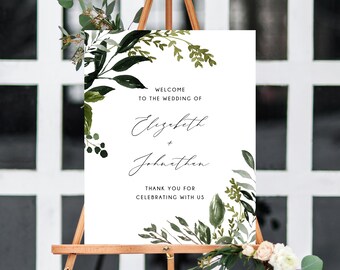 Modèle de plaque de bienvenue pour le mariage verdure, verdure chic, bienvenue sur le mariage imprimable, panneau de bienvenue, téléchargement immédiat, Templett, W54B