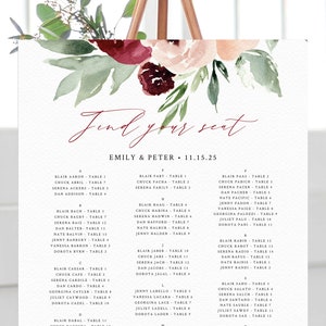 Burgundy and Blush Wedding Seating Chart Template, Alphabetical Seating Chart, Wedding Seating Board, Instant Download, Templett, W45