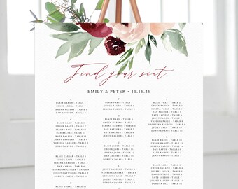 Plantilla de tabla de asientos de boda de color burdeos y rubor, tabla de asientos alfabética, tabla de asientos de boda, descarga instantánea, Templett, W45