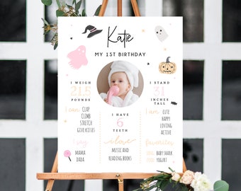 Pastel Halloween 1st Birthday Poster Template, Halloween Themed First Birthday Chalkboard Sign, Milestone Poster Board, Templett, B24