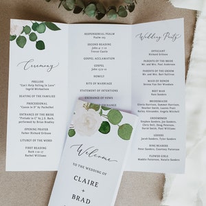 Tri-Fold Greenery Wedding Program Template, Printable Folded Wedding Program Booklet, Trifold Order of Ceremony, Templett, W42