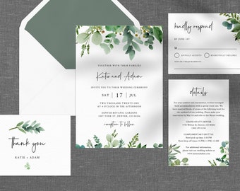 Plantilla de invitación de boda de vegetación, conjunto de invitación de boda imprimible, invitación de boda de vegetación de eucalipto de acuarela, Templett, W48