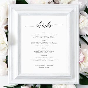 INSTANT DOWNLOAD Bar Menu Sign, Wedding Bar Sign, Wedding Bar Menu Printable, Drink Menu Sign, Drinks Sign, Reception Decor, Templett, W02