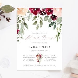 Rehearsal Dinner Invitation Template, Burgundy Floral Wedding Rehearsal Invitation, Printable The Night Before Invite, Templett, W45