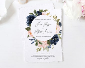Navy & Blush Hochzeitseinladung Vorlage, Printable Hochzeitseinladung Set, Navy Hochzeitseinladung Set, Blumenhochzeit, Templett, W34