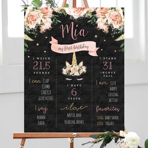 Unicorn Birthday Poster Template, Printable Unicorn Chalkboard Sign, Gold and Pink Unicorn 1st Birthday Poster Editable Sign, Templett, B04