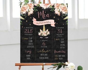 May include: A chalkboard style first birthday sign with a pink unicorn illustration and gold stars. The sign includes the name Mia, the child's age, weight, height, and other details.
