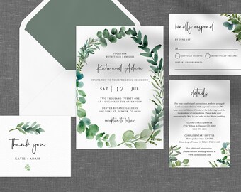 Greenery Wedding Invitation Template, Printable Wedding Invitation Set, Watercolor Eucalyptus Greenery Wedding Invitation, Templett, W48