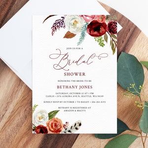 Burgundy Bridal Shower Invitation Template, Fall Bridal Shower Invite, Boho Feathers Burgundy Floral Bridal Shower Invites, Templett, W43