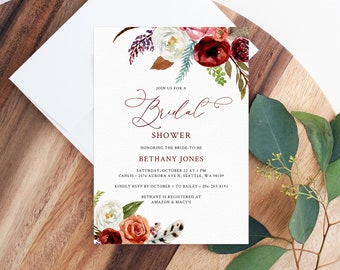 Burgundy Bridal Shower Invitation Template, Fall Bridal Shower Invite, Boho Feathers Burgundy Floral Bridal Shower Invites, Templett, W43