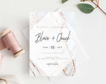 Modelo de convite de casamento para download instantâneo, conjunto de convites de casamento para impressão, convite de casamento em mármore, conjunto de convites, Templett, W03