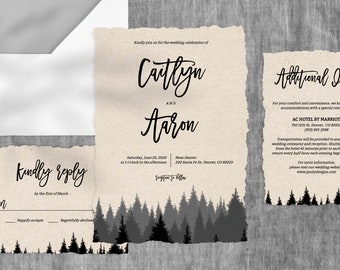 Forest Wedding Invitation Template, Woods Wedding Invitation Suite, Pine Trees Wedding Invitation Set, Instant Download, Templett, W09