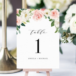 Blush Floral Wedding Table Number Template, Printable Blush Flower Wedding Table Numbers, Blush Wedding Centerpiece, Templett, W29