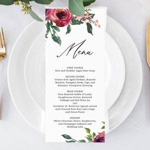 Wedding Menu Template, Printable Floral Menu, Editable Wedding Menu, Burgundy Wedding Menu, DIY Wedding Menu, Templett, Instant Dowload, W33